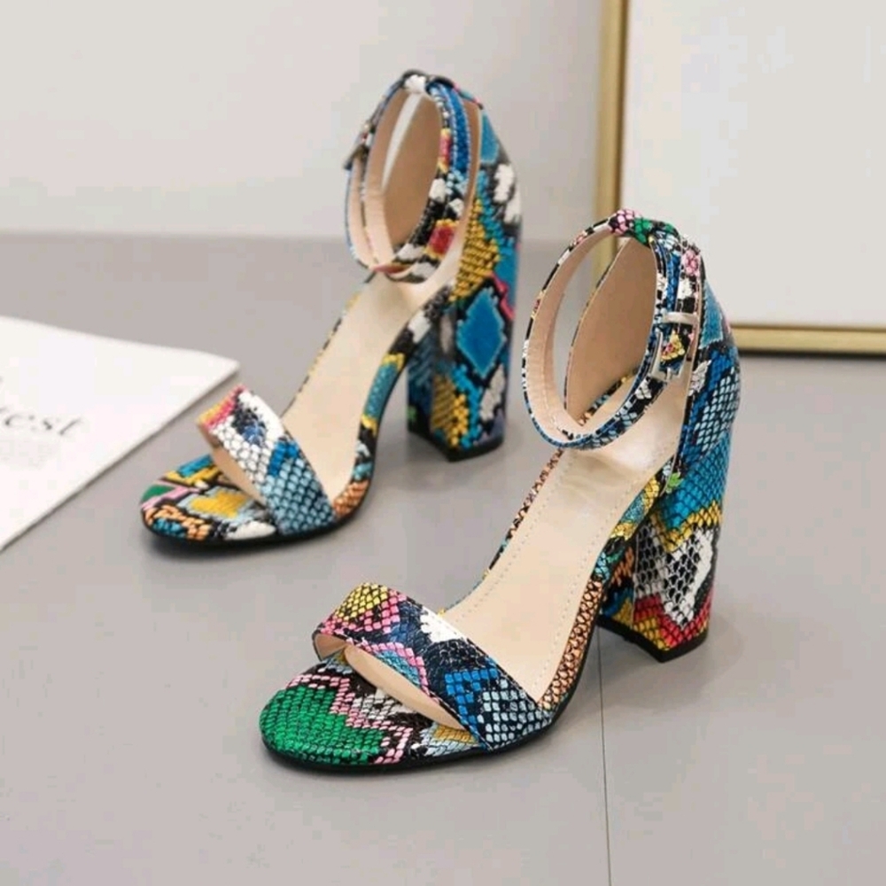 Colorful snakeskin block heels